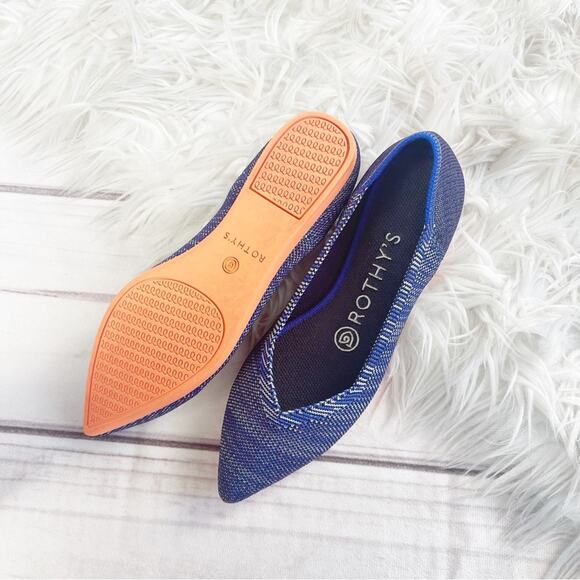 Rothy’s The Point Bright Blue Birdseye Space Dye Orange Sole Flat Size 6 Retired - Picture 2 of 10